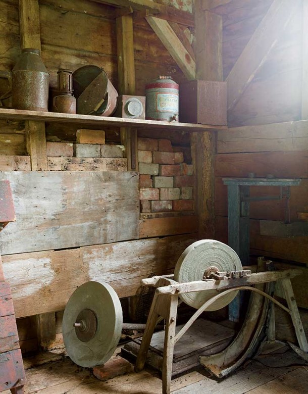 A corner of the toolshed, where equipment was repaired and wood or metal items might be produced for sale
