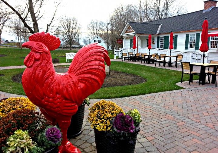 The Chocolate Cottage is located behind the restaurant, and has outdoor seating. The rooster represents their commitment to the farm-to-table eating movement. 