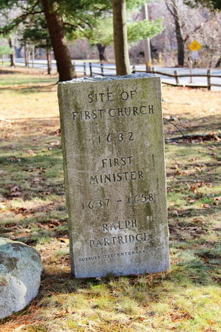 Though Duxbury's first and second meetinghouses no longer stand, markers have been placed to show their locations.