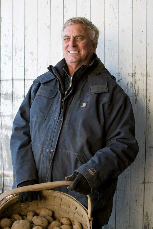 Potato farmer Carl Bondeson of Finn’s Organics at his storage barn in Woodland, Maine