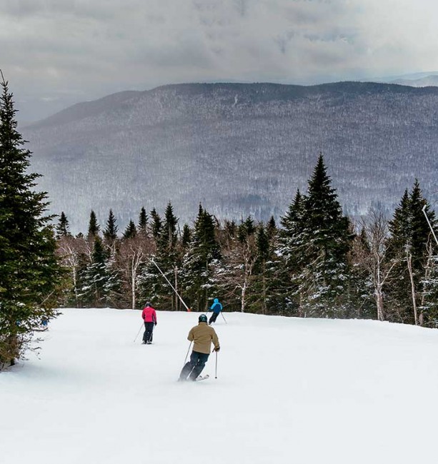 Skiers at today’s Stowe Mountain Resort on the Sunrise Trail. Mount Mansfield and neighboring Spruce Peak together are now crossed by 116 trails. 