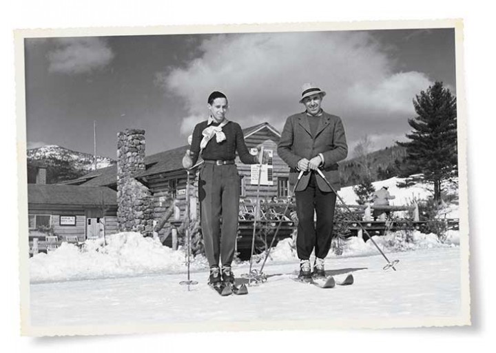 Legendary Austrian ski instructor Hannes Schneider (right), originator of the Arlberg technique, with son Herbert in front of the base lodge at their new home mountain in New Hampshire, Cranmore, c. 1940. Herbert served in the 10th Mountain Division during World War II and succeeded his father as director of Cranmore’s ski school in 1955; later, he was the resort’s owner and manager. 