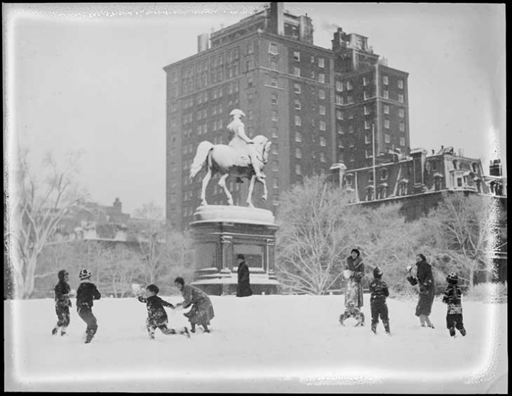 Snowball fight in Boston’s Public Garden, January 1932. The bronze statue of George Washington was designed by Charlestown sculptor Thomas Ball and cast in Chicopee, Mass.; the granite base was erected by Boston masons. Even the horse who modeled for Ball, Black Prince, was a local resident.