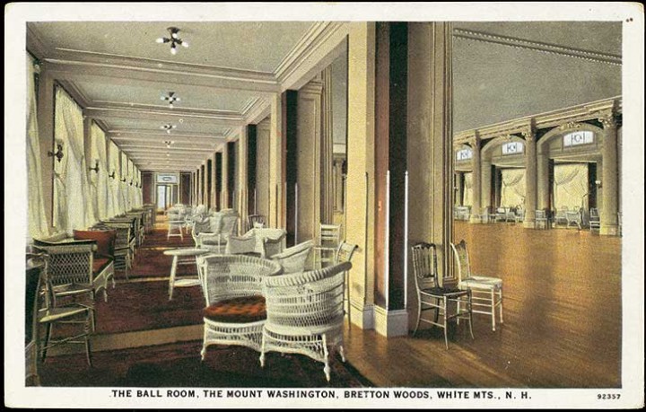 A vintage postcard highlights one of the hotel’s many sitting areas, this one next to a ballroom and fronted by expan­sive windows.