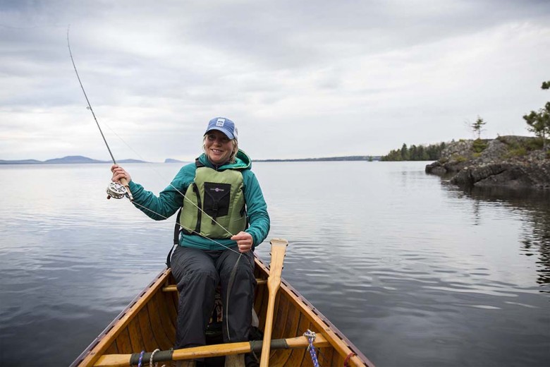 LaCasce fly fishes from her canoe near Seboomook Point. The group came up empty with the fishing, but it didn’t matter since LaCasce brought along fresh moose meat for burgers that night. 