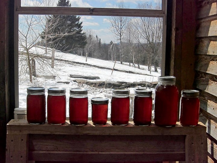  Jars of fresh maple syrup bask in the spring sunshine.