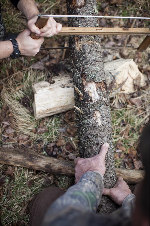 Wood cutting for the night’s campfire became an evening ritual for the group, something everyone looked forward to doing at the end of the long days. Dead trees that were still standing were felled by the guides, after which the others would chip in, cutting the logs with a pack saw and then splitting the trunks into smaller pieces. 