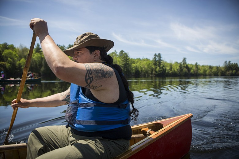 Jason Pardilla paddles on a sunny day on the East Branch of the Penobscot River. This was one of the group’s first few blue-sky days. While Jason had paddled parts of these waters many times before, this was the first time he did the entire route at once. 