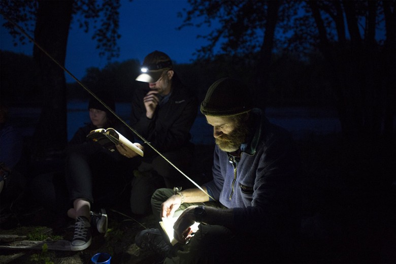 Mike Wilson, senior program director at the Northern Forest Center (and chief organizer of the trip), reads The Maine Woods with Thoreau scholar and Bridgewater State College professor John Kucich. 