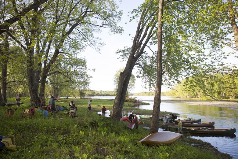 This image was made toward the end of the trip, shortly after the group arrived on an island that splits the Penobscot’s East Branch. “This was a familiar scene,” says McCabe, “in that everyone would help unload gear from the boats and then help ‘put the boats to bed’ by flipping them over. Afterwards, we all set out to find camping spots to lay our heads for the night.”