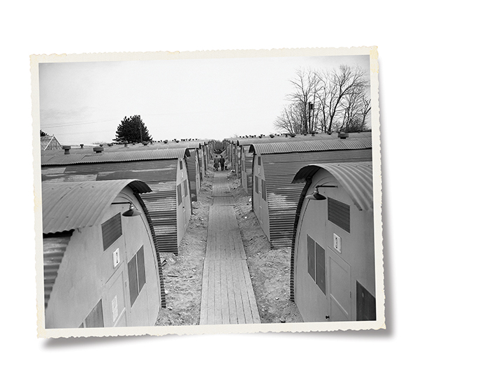 Quonset huts often solved the problem of college housing shortages as World War II veterans returned home. This 1946 photo shows “Rhody Vet Row” at Rhode Island State College (now the University of Rhode Island) in Kingston. 