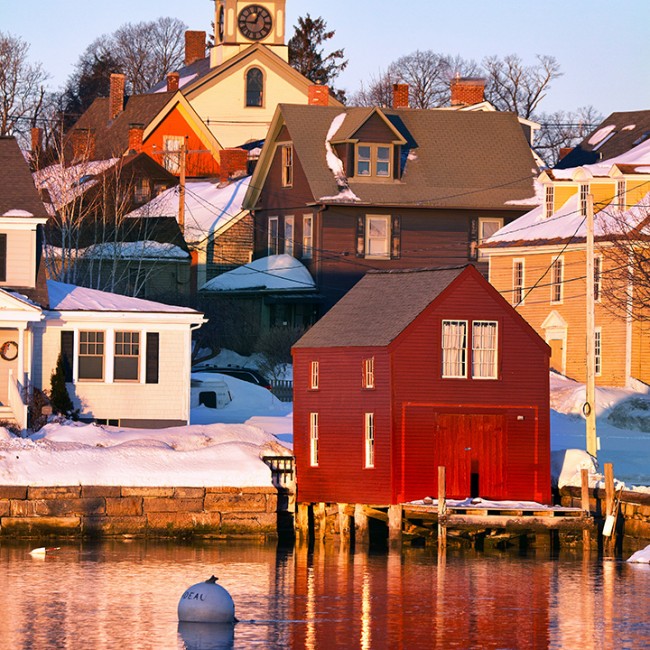 An old red boathouse in the South End neighborhood of Portsmouth, New Hampshire.