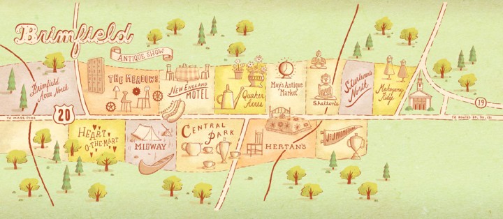 DOWNLOAD A PRINTABLE MAP OF BRIMFIELD Every field at Brimfield sells a bit of everything, but some vendors do cluster together. Our map gives you the lowdown on what you’ll find at our favorite fields. The Meadows: Midcentury and industrial finds Quaker Acres: Shabby-chic, cottage, vintage Hertan’s: Imported linens, country furnishings Midway: Old-time canoes and boats, camp-style goods Shelton’s: Exotica, including Buddhas, ropes of beads, etc. Mahogany Ridge: Retro jewelry, vintage clothing