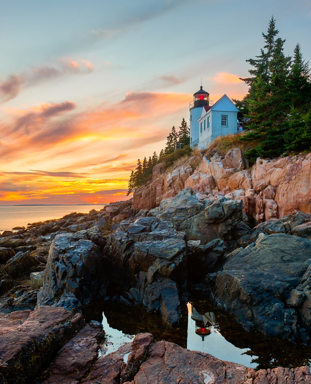 Built in 1858, Maine’s Bass Harbor Head Light perches atop the rocky southern shore of Mount Desert Island; today it’s part of Acadia National Park. Although the tower and house are not open to the public, trails on either side offer spectacular views.