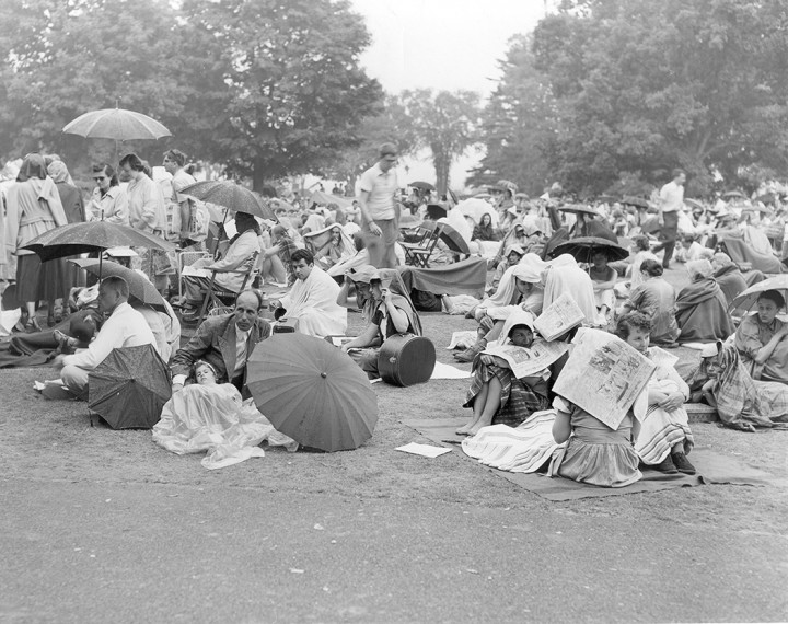 A dedicated audience braves the rain during a performance at Tanglewood circa 1955.