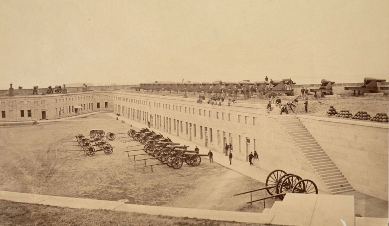 A Civil War–era image shows the interior of Fort Warren. The federal government acquired Georges Island in 1825 and built massive fort­ifications there; by the time Fort Warren was dedicated in 1847, it had already been surpassed by newer military designs, but was used as a train­ing site. During the Civil War, a prison here housed Confederate troops—as well as the Confederate VP, Alexander Stephens.