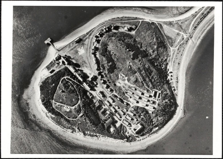 This 1944 aerial view shows Fort Andrews, active in harbor defense from 1904 through the end of World War II. Several structures remain, including a gym, a firehouse, stables, a POW barracks, and more, though today most are closed to the public.