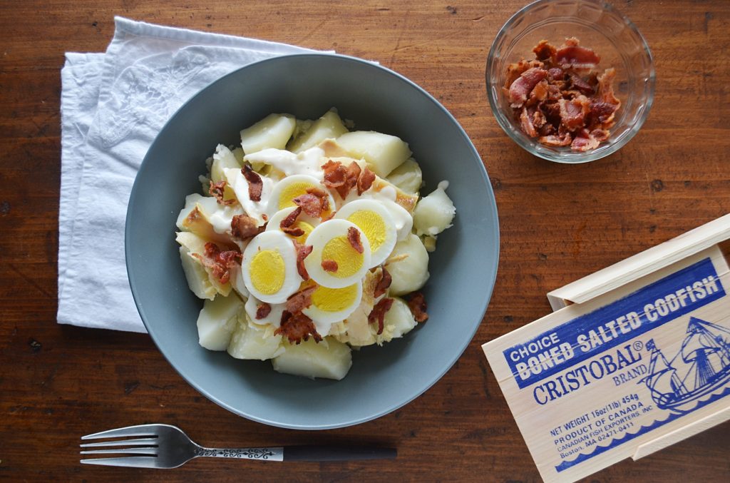"Cape Cod Turkey" is an old-fashioned New England dish made with salt cod, potatoes, cream sauce, and sliced hard-boiled egg.