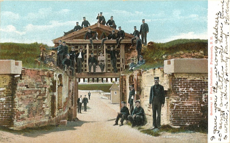 An image of soldiers at Fort Constitution from a 1905 postcard.