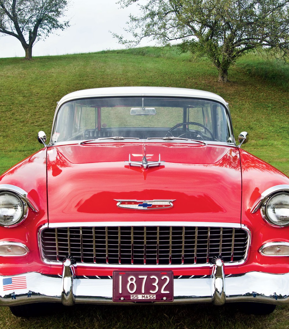 This cherry-red 1955 Chevy Bel Air is a big attention-getter on cruise nights.