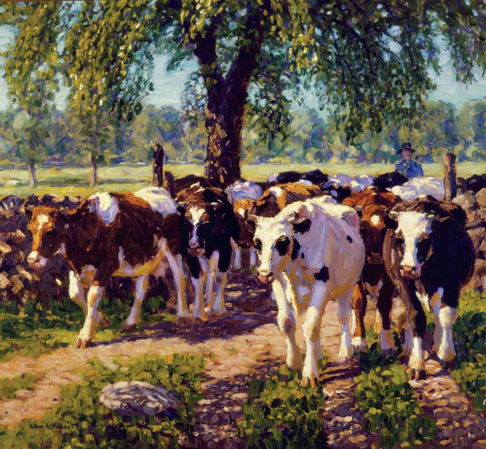 Along the Road by Edward Charles Volkert. Edward C. Volkert (1871–1935), originally from Cincinnati, Ohio, became famous for his paintings of the cows and oxen in the fields around Old Lyme. Today some farms still remain in this area; here, a dairy herd relaxes in the pasture at nearby Tiffany Farm after early-morning milking. Oil on canvas, 33x36 inches.
