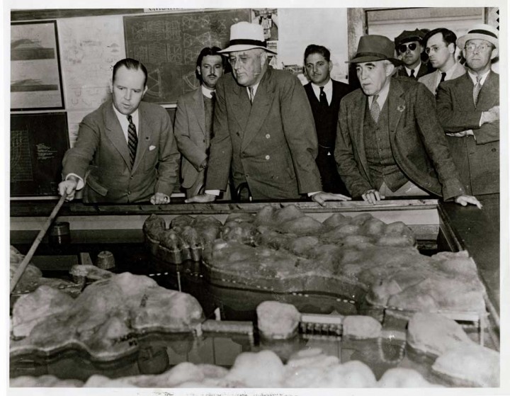 President Franklin D. Roosevelt surveys a working scale model of the Quoddy Tidal Power Project in Eastport, July 1936. Congress would eliminate the project’s funding later that year. The model is now on display at Eastport’s Quoddy Dam Museum.