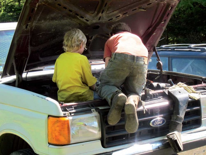 Rye and Fin work on Dad’s 20-year-old Ford truck.
