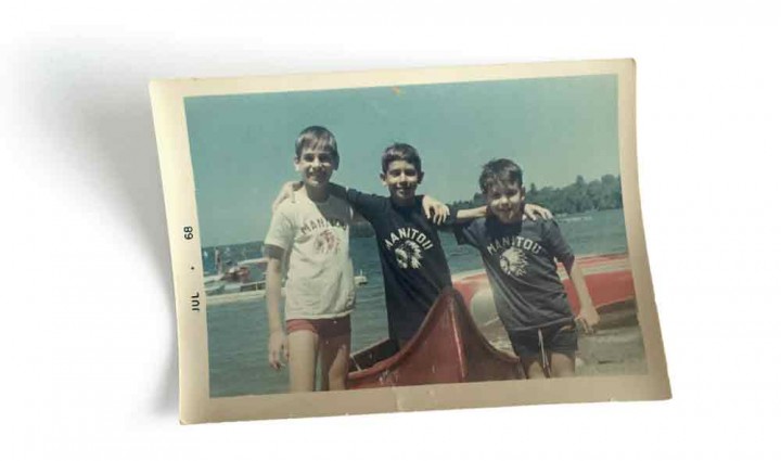 Manitou campers Rob Schlackman, Jeff Shapiro, and author Jon Marcus on East Pond in Oakland, Maine (the Belgrade Lakes area), 1968.