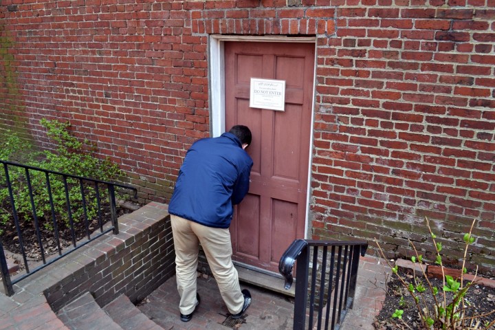 Entering the crypt at the Old North Church. 