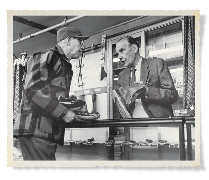 At the flagship store, L. L. Bean himself demonstrates the features of his “Maine Hunting Shoe” to customer Don Williams in 1962. “Outside of your gun,” Bean stated in an early ad, “nothing is so important to your outfit as your footwear.”