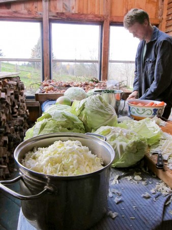 Author Ben Hewitt chops the season’s vegetable crop before making kimchi.