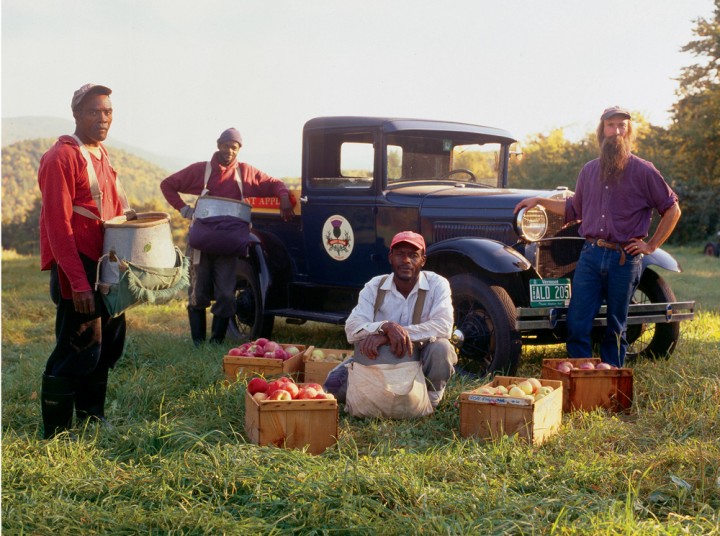 Seasonal workers and Scott Farm manager Ezekiel Goodband (far right) take a short break from the harvest. This scenic Dummerston, Vermont, estate (once owned by Rudyard Kipling) stood in for Maine’s “Ocean View Orchard” in 1999’s Cider House Rules; some sets were re-created from photos found in the farm’s mail-order brochures of the 1930s. Today the property is owned by The Landmark Trust USA and specializes in heirloom apple varieties.