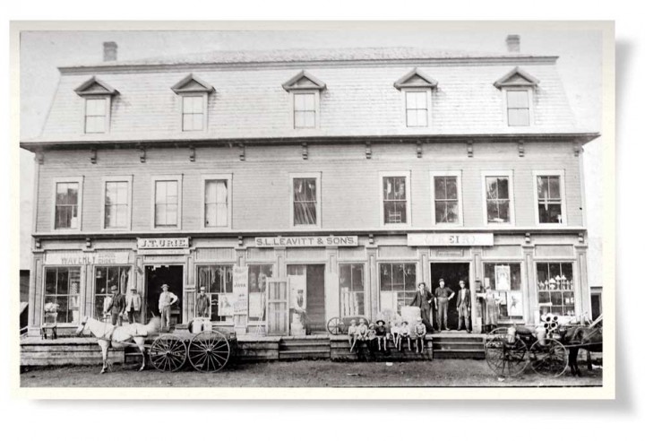 Today’s Craftsbury General Store is housed in the former Leavitt Block, here c. 1900.  At the turn of the last century, Stephen Leavitt’s establishment (middle) served as Craftsbury’s general store;  the Urie store (left) sold school supplies; and John Keir owned a tin and stove shop (right). The dance hall on the third floor was destroyed by fire in July 1931.
