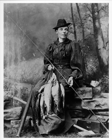 “Fly Rod” Crosby, photographed in Edwin Starbird’s studio, c. 1890. “I would rather fish any day than go to heaven,” she once wrote. Her friend Louis Sockalexis, a Penobscot Indian and pro baseball player, said, “Her face is white, but her heart is the heart of a brave.”