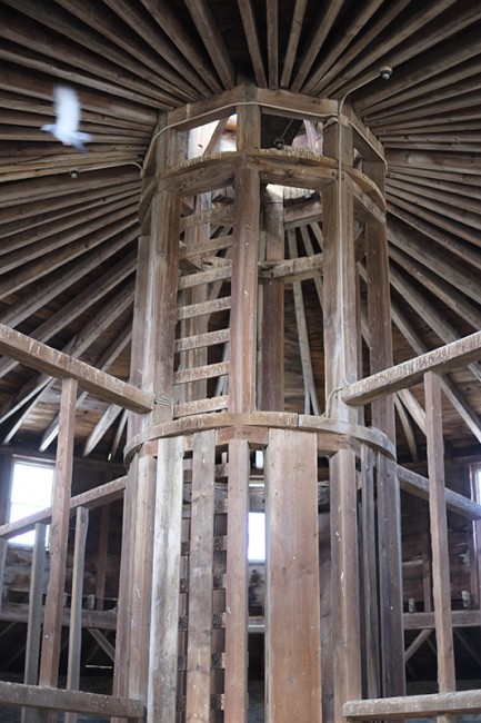 The impressive interior structural trusses of the Round Stone Barn with a pigeon in flight.