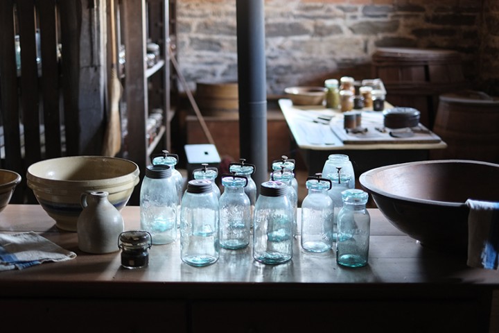 Canning jars in the basement of the Brick Dwelling. 
