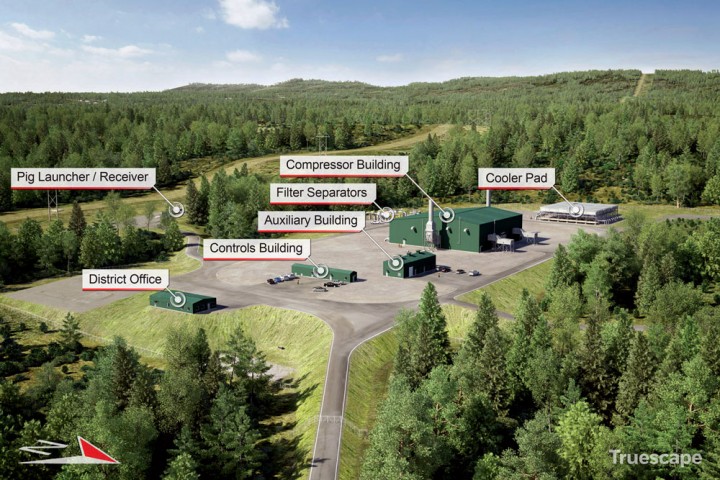 A Kinder Morgan rendering of a typical compressor station. Pipeline opponents object to the illustration’s tidy, green appearance as uncharacteristic of actual facilities. For an aerial photo of a compressor station in Pennsylvania, visit: nofrackedgasinmass.org/compressor-stations