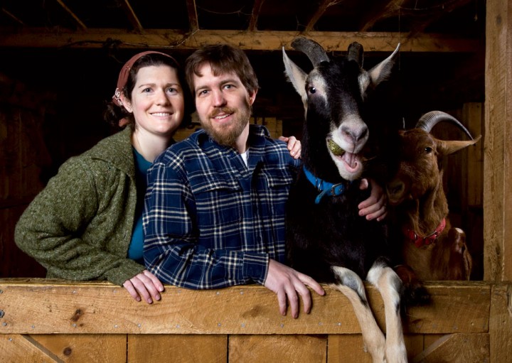Margaret Hathaway and Karl Schatz of Ten Apple Farm in Gray, Maine, with their goats Joshua Lawrence Chamberlain and Chansonetta, who happily lead visitors on Sunday hikes into the woods.