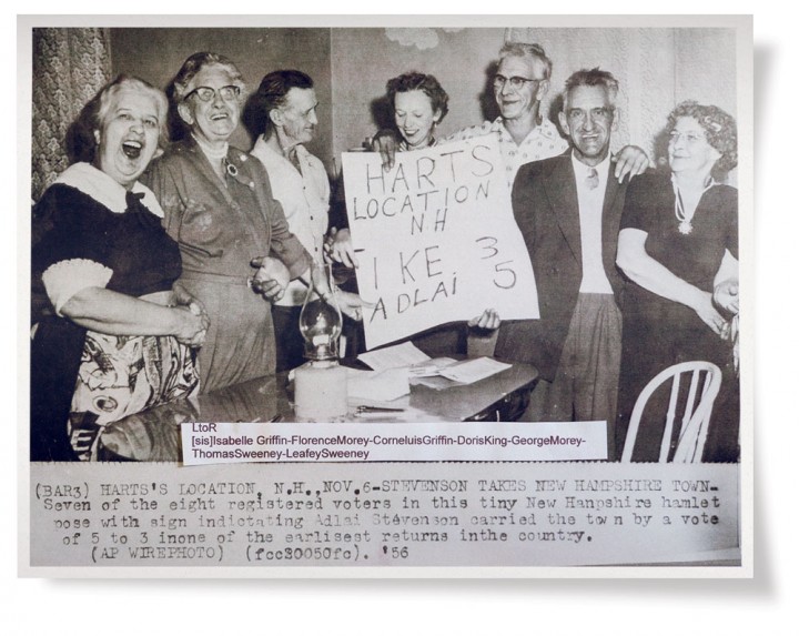 Hart’s Location’s seven voters display local results from the 1956 presidential race. After an eight-election interval from 1964 to 1992, the tradition of midnight voting here was revived in 1996 and has carried the town through the past five national contests. 