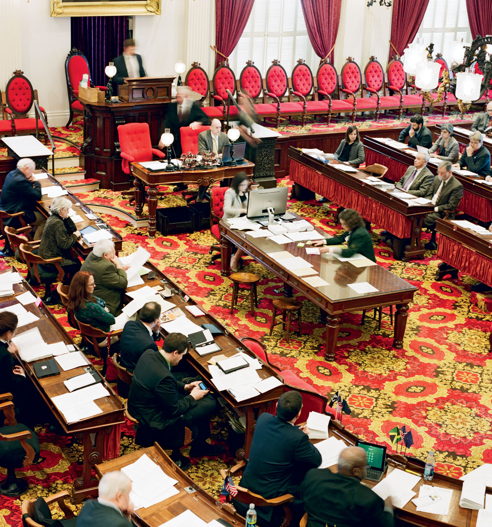 Legislators convene in Representatives Hall at the State House. On Wednesday evenings during the legislative session, this elegant chamber hosts the Farmers Night Concert Series.