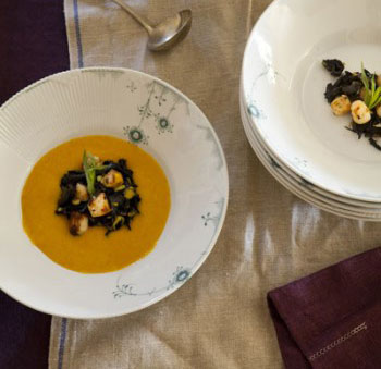 Butternut-Citrus Soup  with Bay Scallops and  Mushrooms 