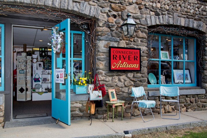 Tucked into a historic stone building dating from 1909, the Connecticut River Artisans co-op sells pottery, stained glass, and fine art.