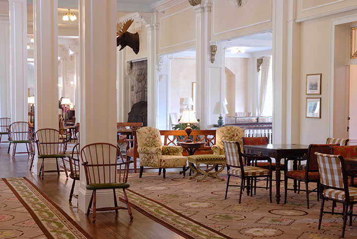 With its comfortable chairs and big fireplaces, the lobby of The Mount Washington packs a grand but relaxed feel.