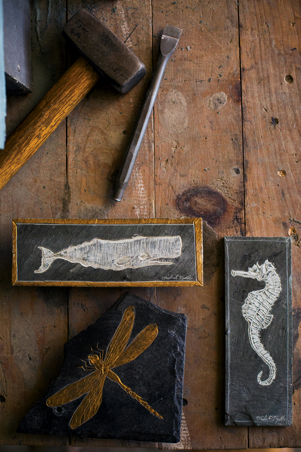 Sea creatures and insects emerge from scraps of slate. 