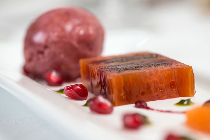 Beetroot & Tomato Press with Pomegranate and Orange Sorbet.