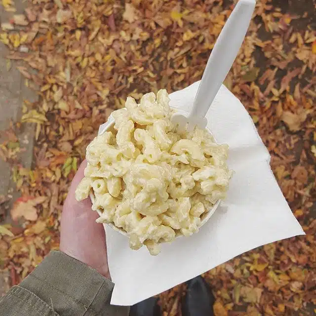 Vermont cheddar mac n cheese from the Burlington Farmers’ Market in Burlington, VT.