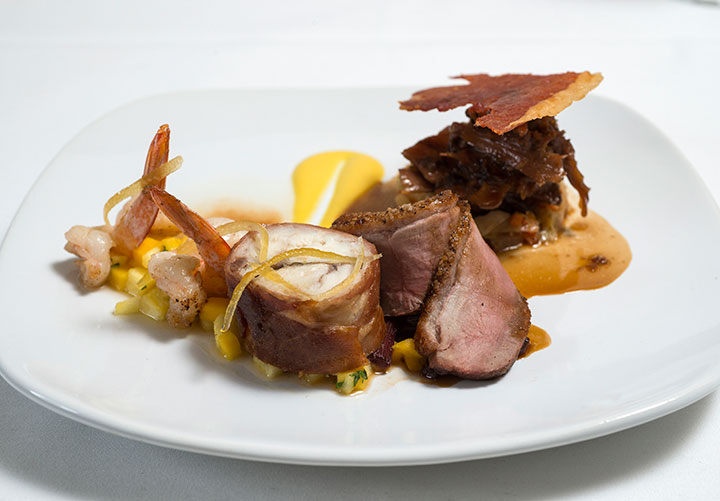 Roasted Monkfish, Maple Farm Duck, Seared Prawns with Mango and Pineapple sorbet.