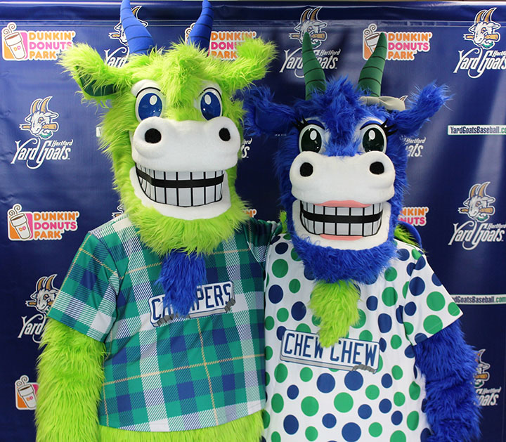 Chompers and Chew Chew, mascots for the Hartford Yard Goats, are ready to greet baseball fans this summer.