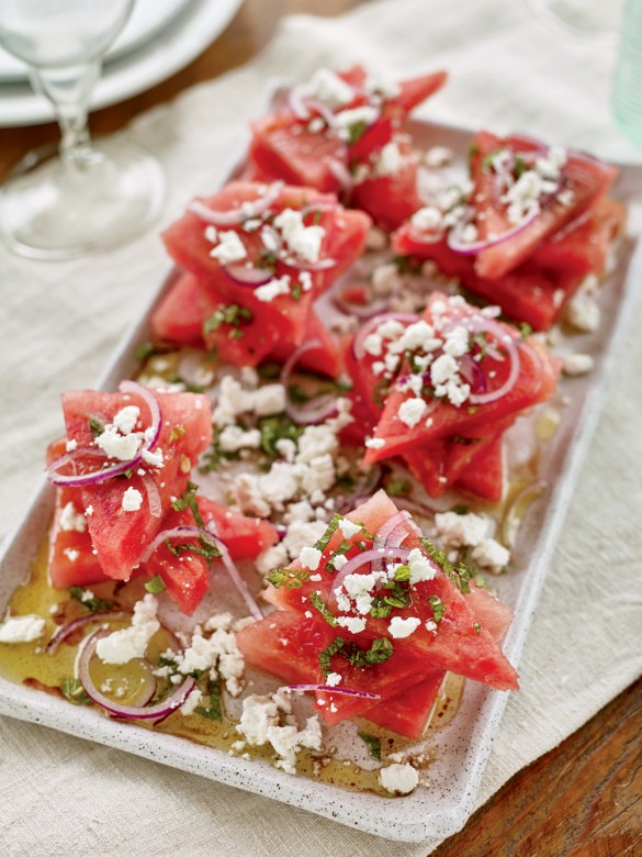Herbed watermelon salad with fresh goat cheese.