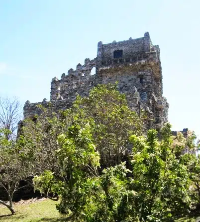 A tall, weathered stone castle with overgrown greenery around its base stands against a clear blue sky.